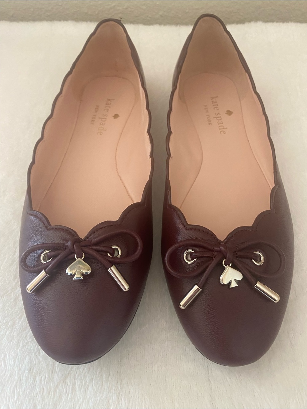kate spade Burgundy Scallop-Edge Bow Ballet Flats